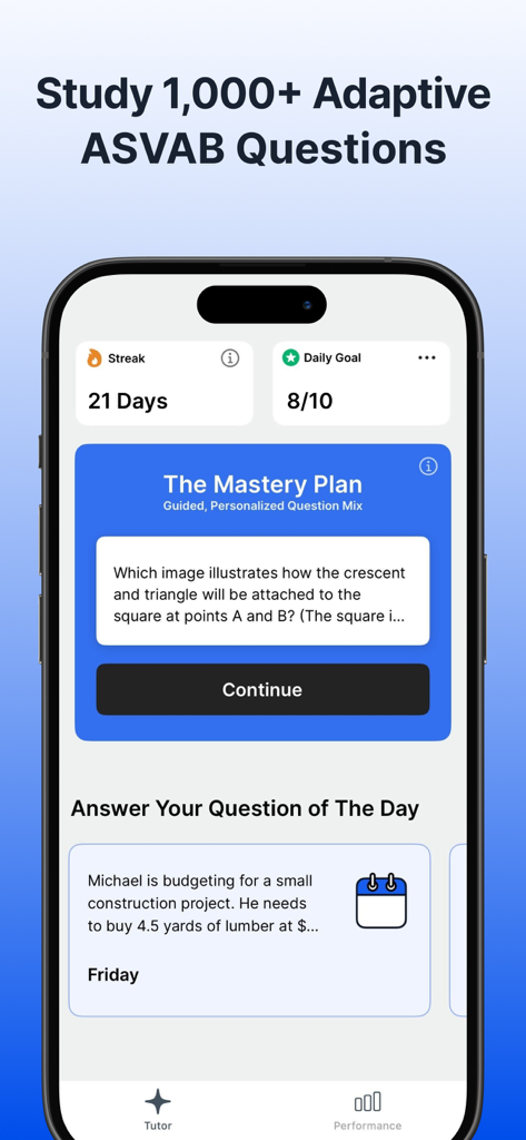 Mobile interface of ASVAB Mastery app displaying a guided study plan and daily practice questions