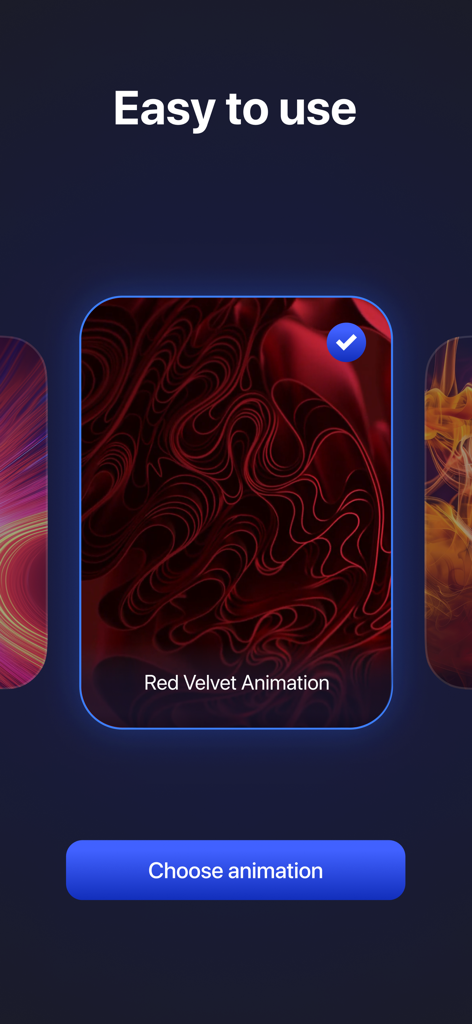 Interface of the Charge Frame app showing a selection of charging animations including the Red Velvet theme