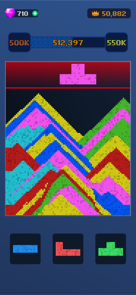 Sand Blast™ - Block Puzzle - Mobile game interface showing colorful sand blocks dissolving into layered formations with falling puzzle shapes