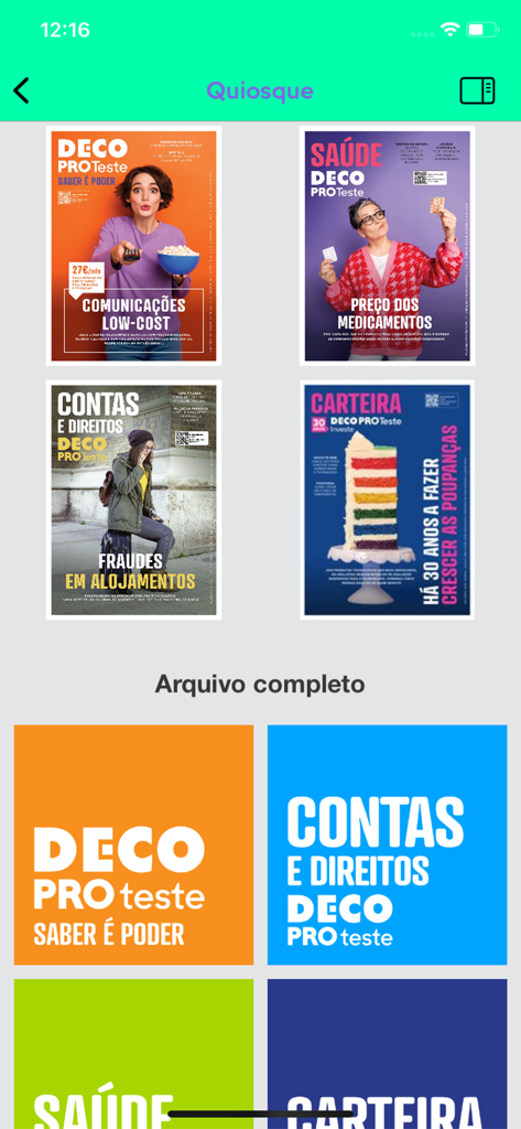Quiosco digital dentro de la aplicación DECO PROteste Revistas que muestra portadas de revistas sobre derechos del consumidor, salud y finanzas personales.