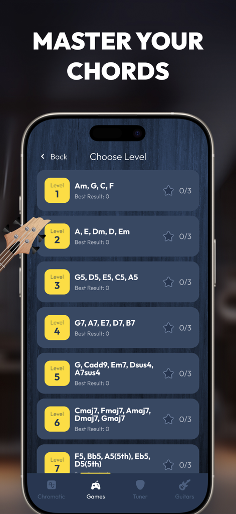 Guitar Tuner: Bass & Fender - Chord practice level selection screen in the guitar tuner app