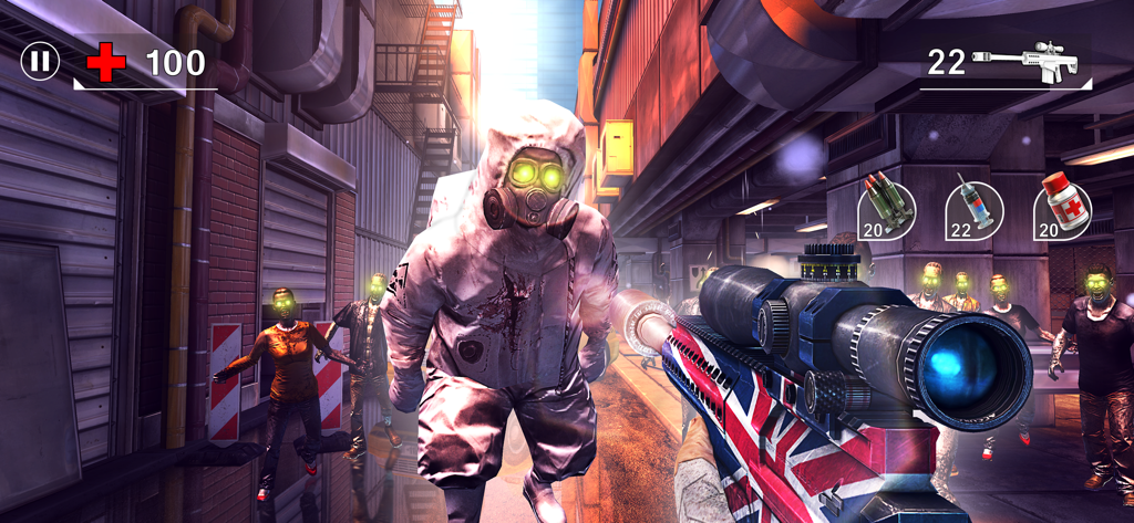 First person view of a sniper rifle aiming at a hazmat zombie in an urban setting