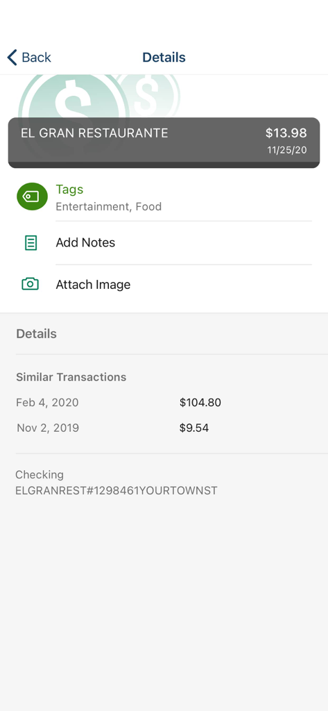 Alpine Bank - Alpine Mobile - Alpine Mobile app transaction details screen with options to add tags notes and receipt images