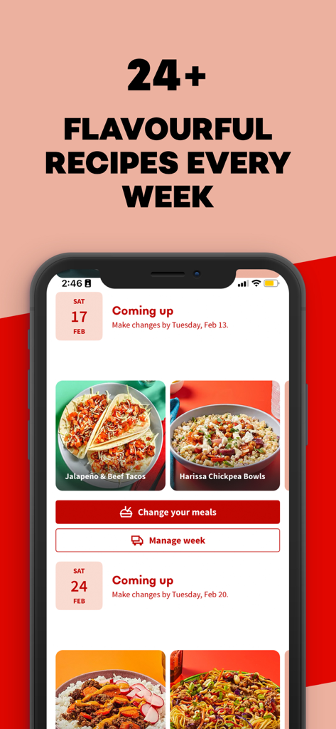 Chefs Plate: Easy Meal Planner - Chefs Plate mobile app interface showing a selection of weekly recipes and meal management options
