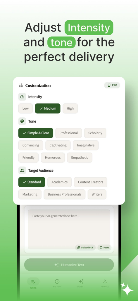 User interface showing options to adjust writing intensity and tone for the Undetectable AI app.