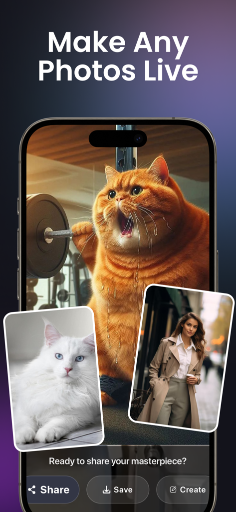 AI Dance Video Maker - Trendly - Trendly app interface displaying a funny animated cat and the headline Make Any Photos Live