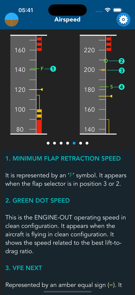 Airbus A320 PFD Trainer - Airbus A320 PFD Trainer app interface explaining airspeed tape symbols including green dot speed and flap retraction speed