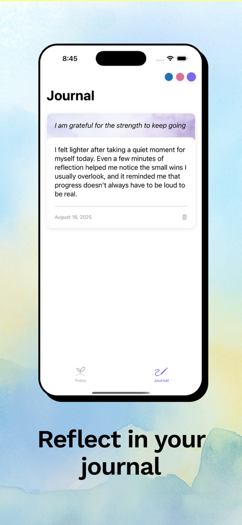 everbloom: self-love - Interfaz de la aplicación Everbloom mostrando una entrada de microdiario y una afirmación diaria para el amor propio.