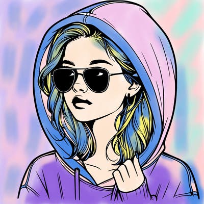 realistic teenage girl, wearing a hoodie and sunglasses