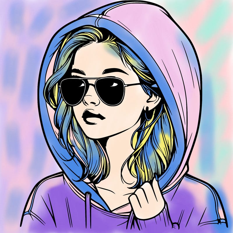 realistic teenage girl, wearing a hoodie and sunglasses