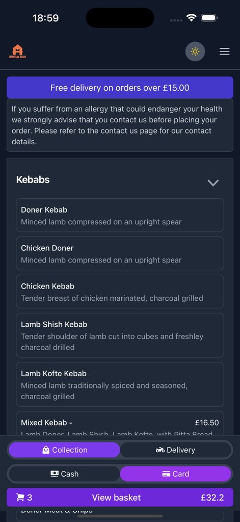 Merstham Kebab House - Merstham Kebab House mobile app menu displaying kebab dishes and checkout options