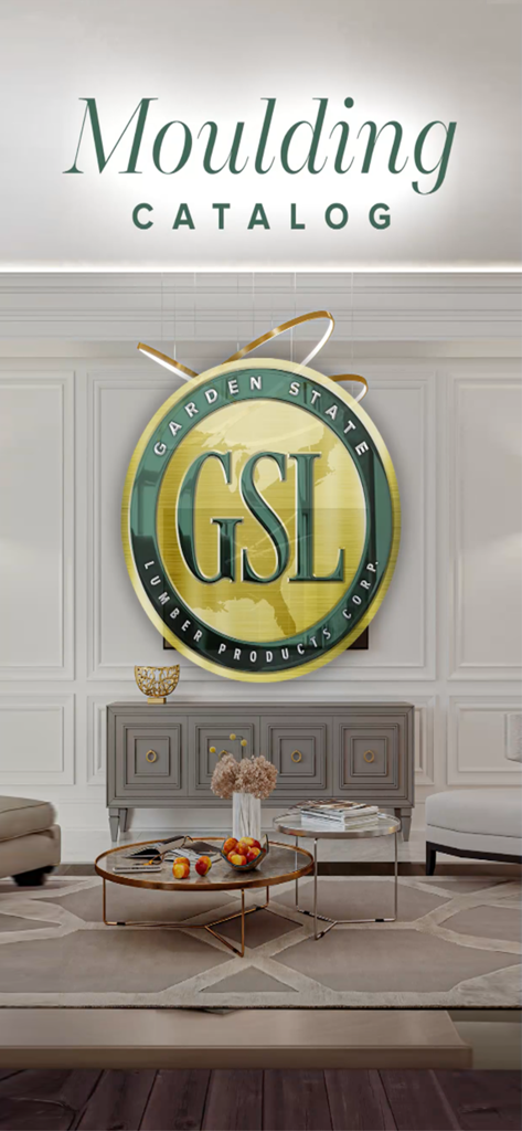 Garden State Lumber moulding catalog app screen featuring the GSL logo over a luxury living room interior