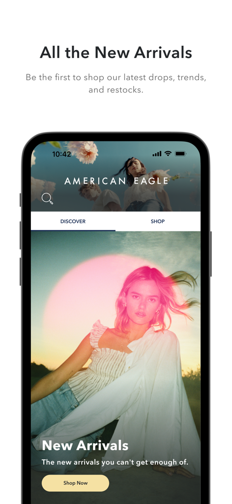Schermata dell'app AE e Aerie con i nuovi arrivi di moda e il pulsante Acquista ora.