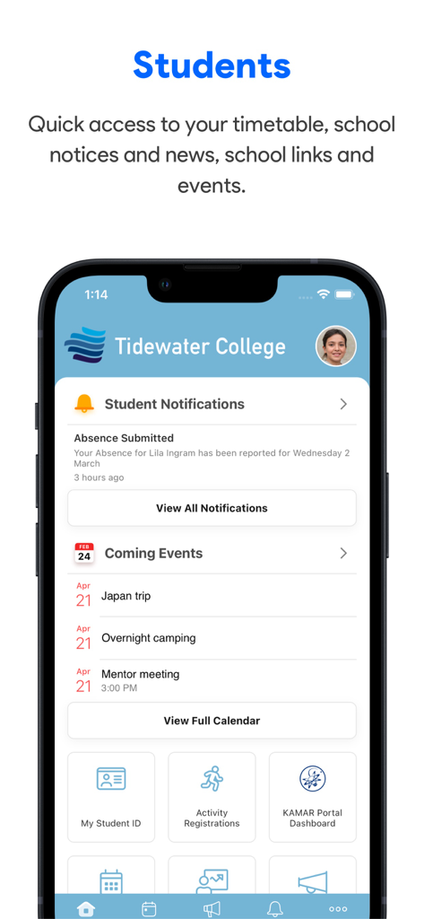 Schüler-Dashboard in der SchoolBridge-App mit Benachrichtigungen und Schulveranstaltungen