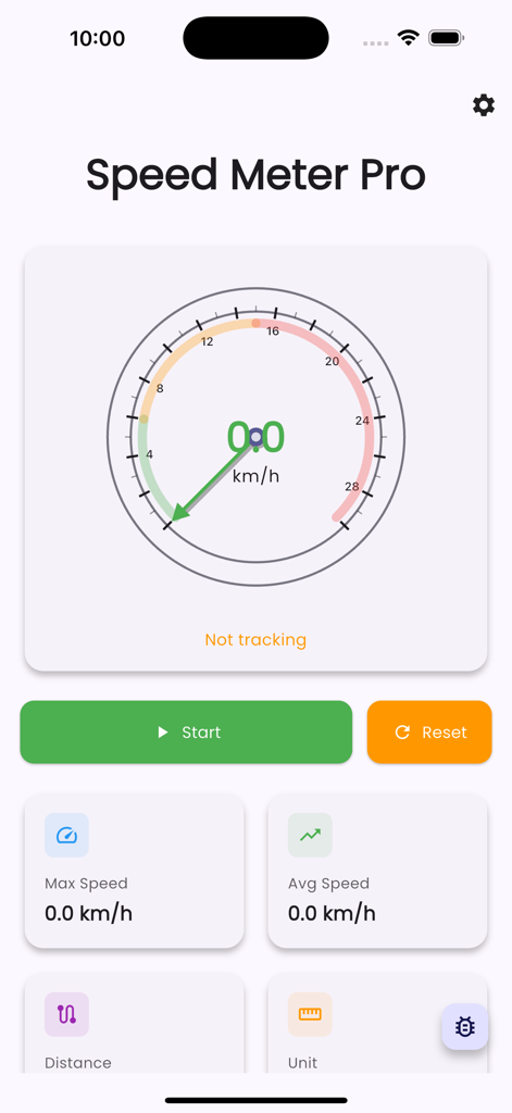 Tableau de bord de l'application Speed Meter Pro avec un tachymètre analogique et des contrôles de suivi