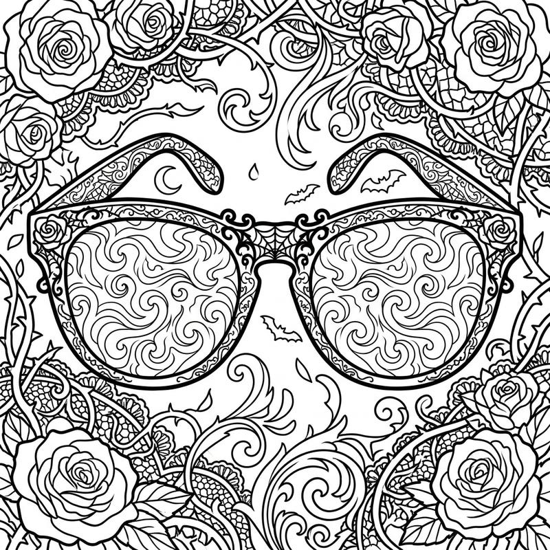 Unveil the mysterious elegance of our Gothic Driving Glasses coloring page, a unique blend of Victorian charm and practical style. This intricate design invites you to explore the darker side of beauty with every stroke of your pencil.