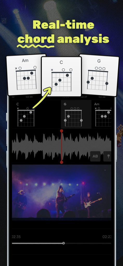 Audio Jam - AI for musicians - Pantalla de un smartphone que muestra análisis de acordes de guitarra en tiempo real y diagramas durante una interpretación musical.