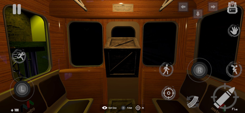 The Last Station - Baku - First person view inside a dark wood paneled metro train car with a wooden crate and game interface in The Last Station Baku