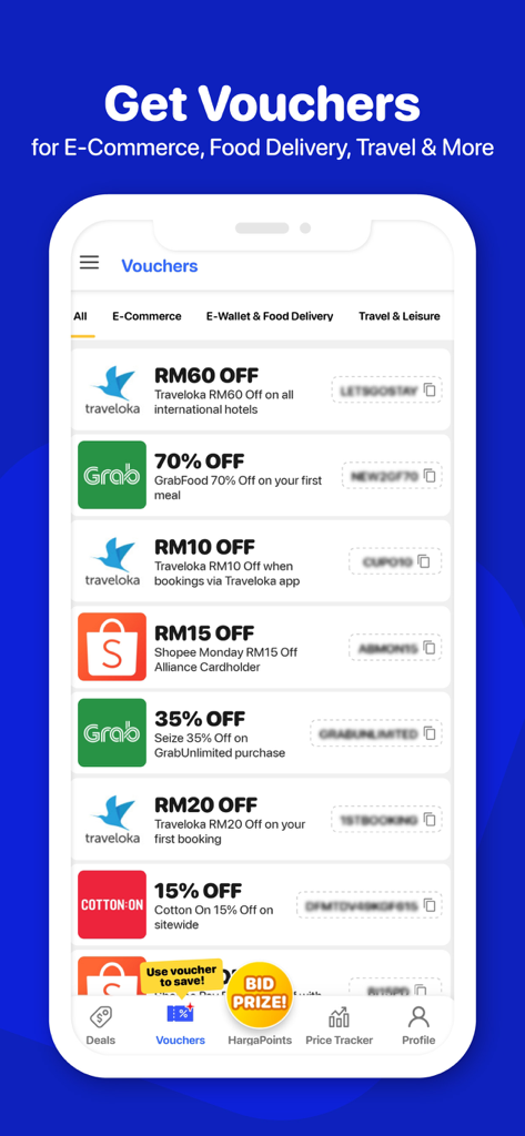 A mobile app screen displaying various discount vouchers for travel food delivery and e-commerce brands