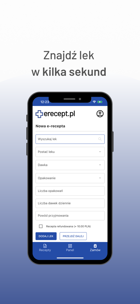 Schermata dell'app mobile Erecept.pl che mostra un modulo per cercare farmaci e richiedere una nuova ricetta.