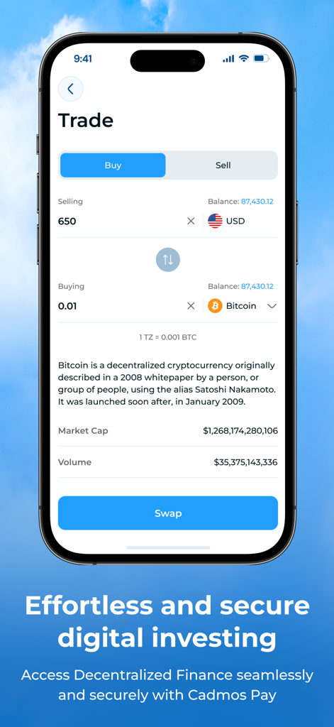Ein Smartphone, das den Cadmos App-Handelsscreen zeigt, auf dem ein Benutzer Bitcoin mit USD im Arbitrum-Netzwerk kauft.