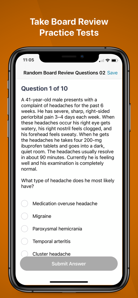 AAFP - AAFP mobile app screenshot showing a medical board review practice test question on an iPhone
