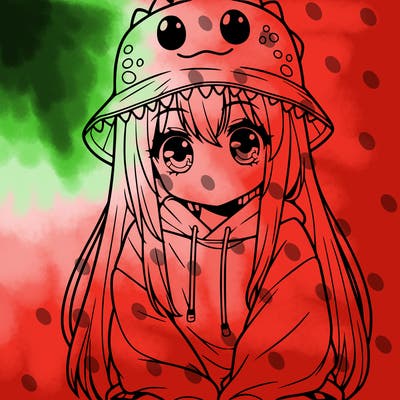 girl with anime shaped eyes with a dinosaur bucket hat oversized sweatshirt long straight hair