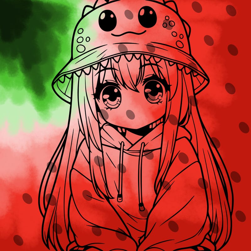 girl with anime shaped eyes with a dinosaur bucket hat oversized sweatshirt long straight hair