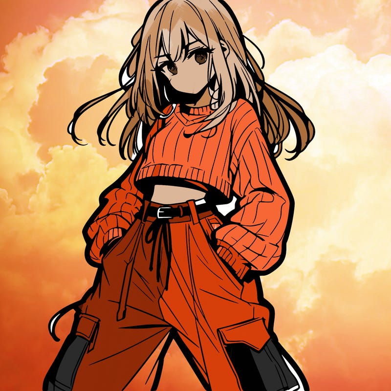 anime teen girl with baggy pants and crop top with sweater