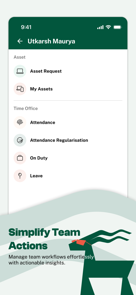 HROne mobile app dashboard showing attendance tracking and asset request management options