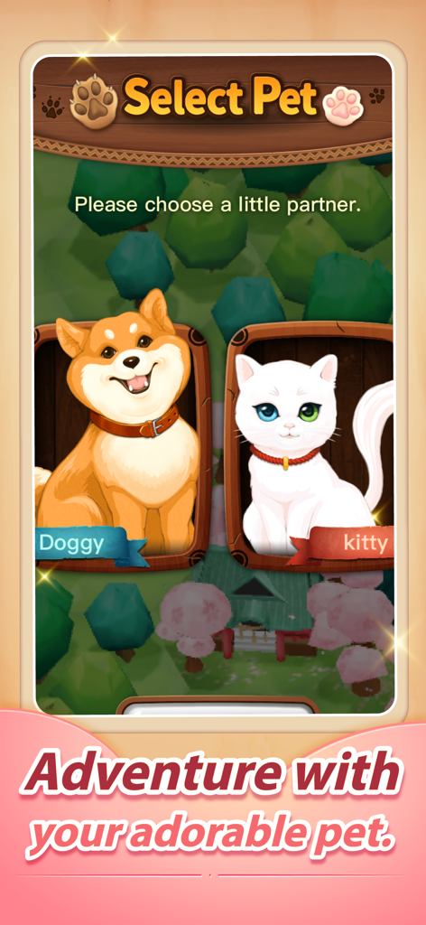 PaGamO - Una pantalla de la aplicación educativa PaGamO que muestra la elección entre un perro y un gato como compañero de aventuras.