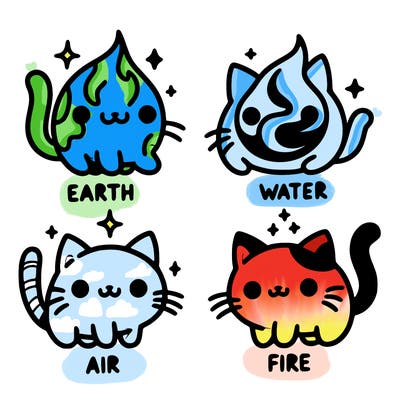 4 cats that represent the different elements, earth, water, air, and fire