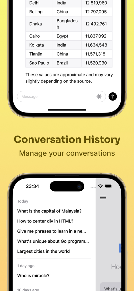 Enchanted Developers Only - Enchanted Developers Only app conversation history screen showing a list of past AI chats and a formatted table in a chat bubble.