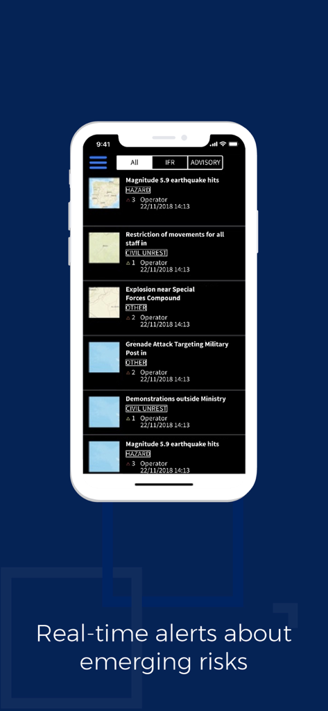 SCAAN - SCAAN app interface displaying a list of real time security alerts including earthquake hazards and movement restrictions