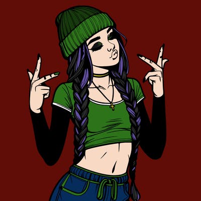 realistic teenage girl with braids and a beanie and crop top doing 🫶🏼