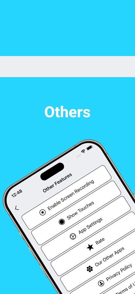Captura de tela do menu Outros Recursos do Gerenciador de Atualizações de Apps mostrando opções para gravação de tela e exibição de toques