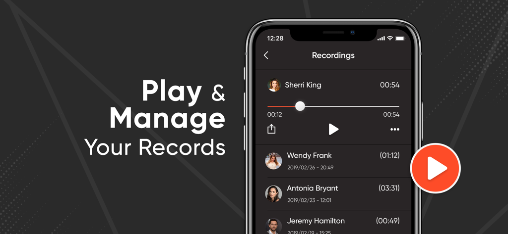 Interface of Call Recorder RecMe app showing a list of phone call recordings and playback controls.