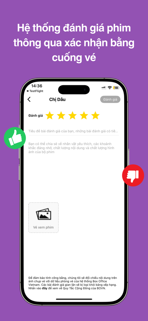 Interface of the Box Office Vietnam app showing a movie review screen with a five-star rating system and a ticket stub verification feature.