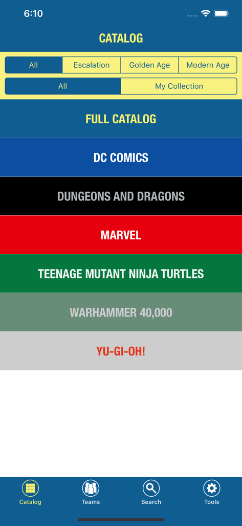 Sidekick for Dice Masters - Sidekick for Dice Masters catalog screen showing categories for Marvel DC and Dungeons and Dragons