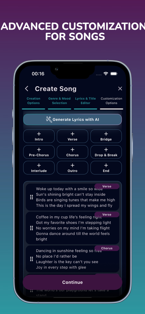 MusicTune AI - Song Generator - Interfaz de la aplicación móvil MusicTune AI para la personalización de la estructura de la canción y la edición de letras con IA.