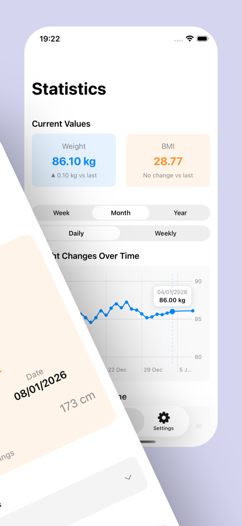 BMI Calculator – Health Tool - Pantalla de estadísticas de la aplicación Calculadora de IMC que muestra el peso actual, el IMC y los gráficos de progreso.