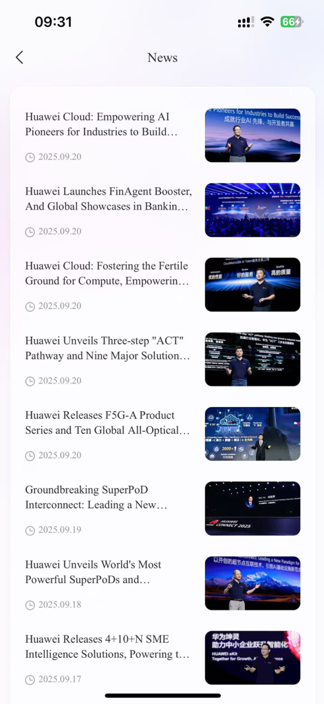 Huawei Connect - News section of the Huawei Connect app displaying conference updates and technical highlights