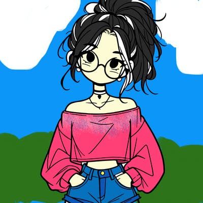 girl with a messy ponytail glasses a baggy crop top and jean shorts