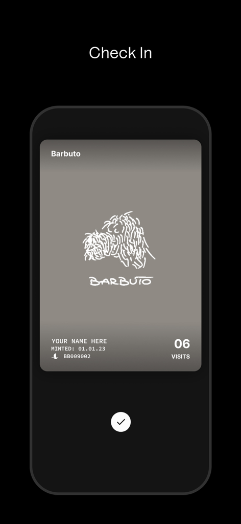 Blackbird app interface showing a digital loyalty check-in card for a restaurant named Barbuto with a visit tracker.