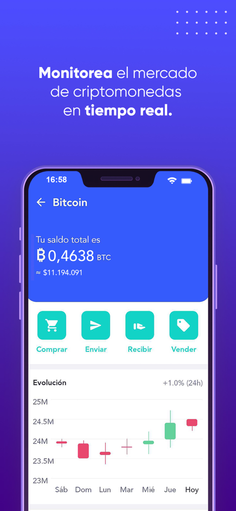 Buda.com - Buda.com app interface showing Bitcoin balance and real-time cryptocurrency market tracking