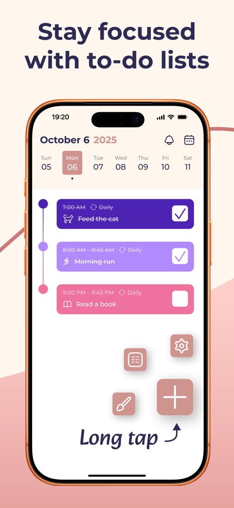A mobile phone screen showing a daily planner app with a task list and scheduled activities.