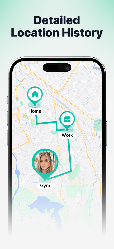 Find Location: Phone Tracker - Smartphone screen showing a map with a travel route and pins for home work and gym locations