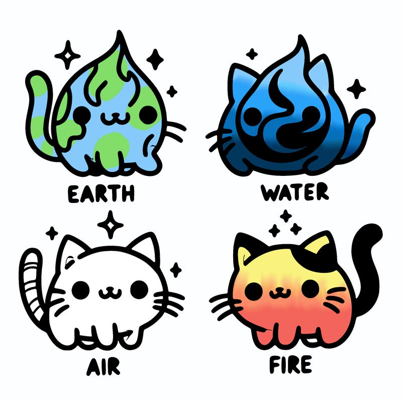 4 cats that represent the different elements, earth, water, air, and fire