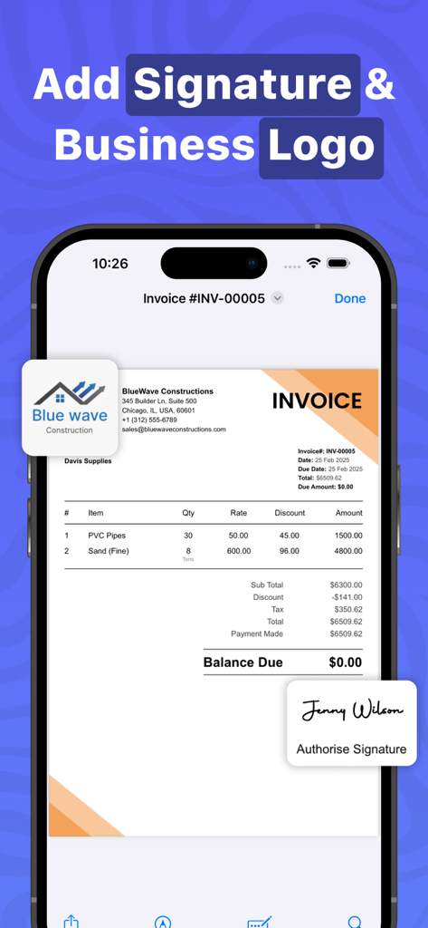 Invoice Maker & Estimate - カスタムロゴと承認された署名付きのプロフェッショナルな建設請求書を示すスマートフォンの画面