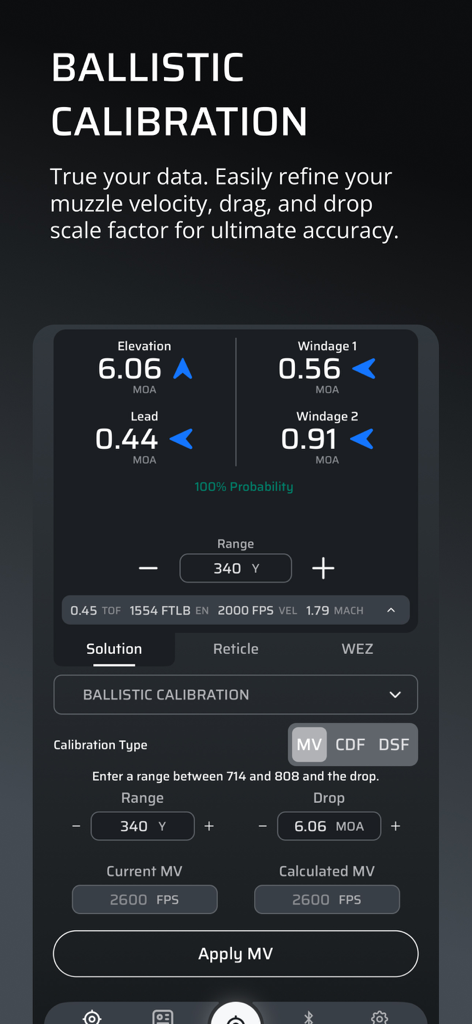AB Quantum - AB Quantum mobile app screen showing ballistic calibration data and settings for precision shooting